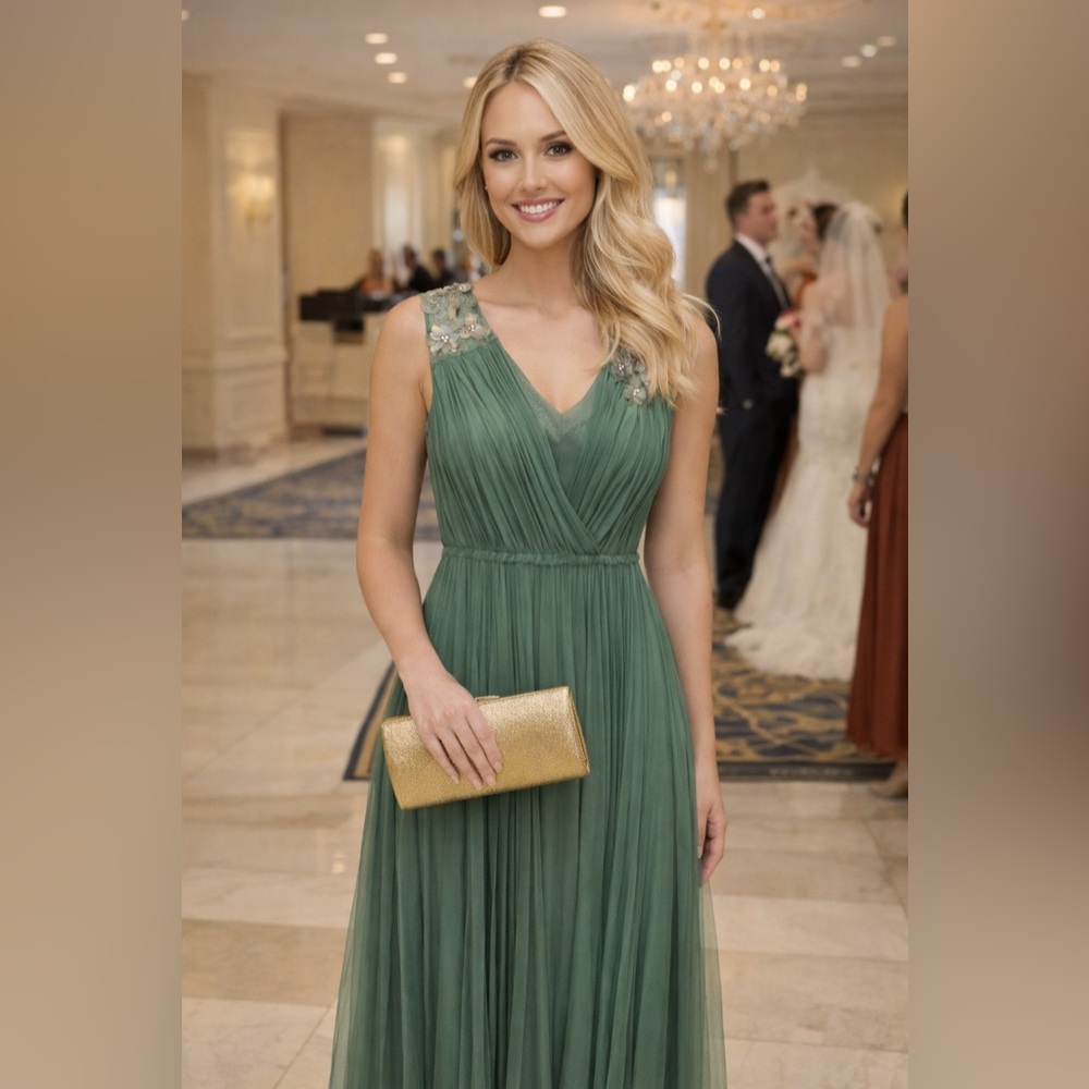 Hoss Intropia Green Tule Maxi Dress w/ Floral Accents